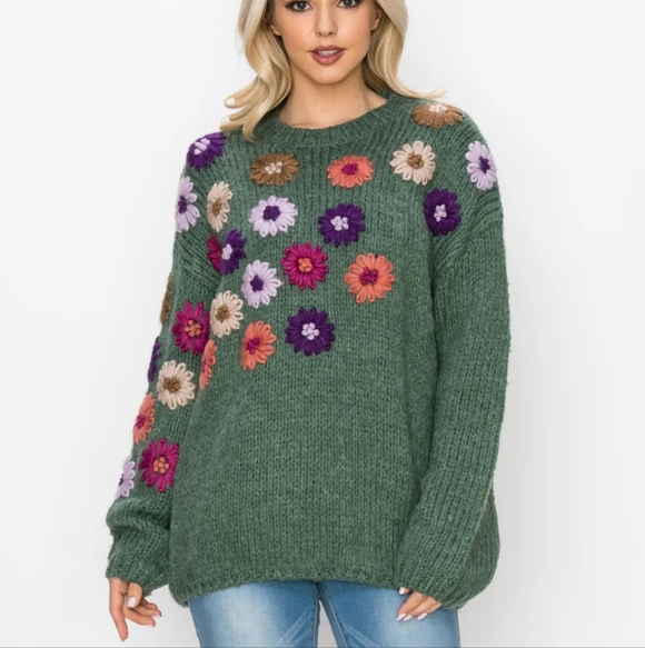 joh. Sweaters - Women's Joh. Green Embroidered Floral Pink Purple Sweater XS Oversized Savita